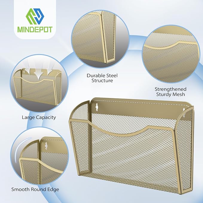MINDEPOT Wall File Organizer - Heavy Duty Iron Office File Holder for Wall Mount - Hanging Document Organizer for Business, Classroom, Home Office