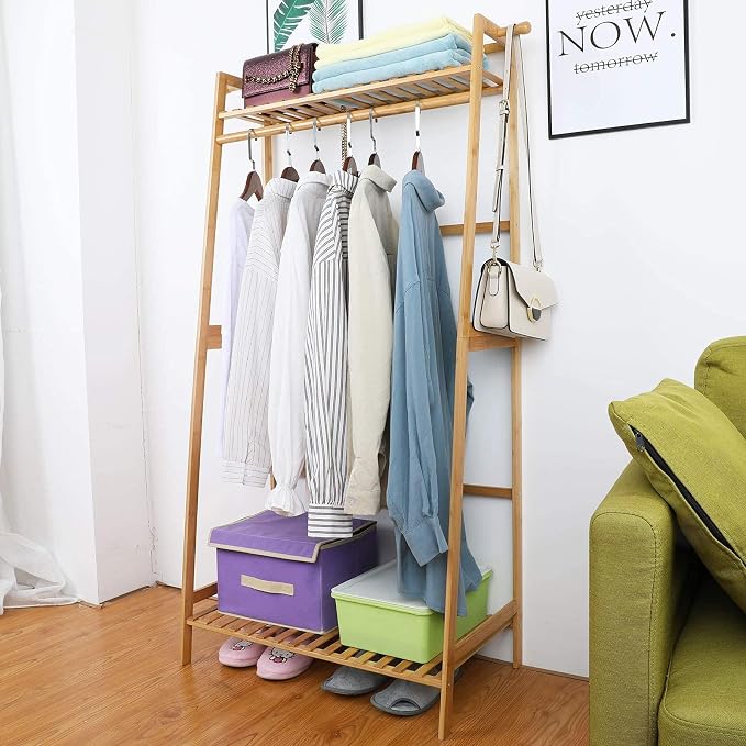Ufine Bamboo Clothes Hanging Rack with 2 Tier Storage Shelves, 2 Coat Hooks | Portable Laundry Rack Closet Organizer Garment Rack for Bedroom Guest Room
