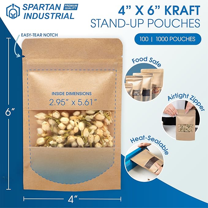 Spartan Industrial - 4" X 6" Kraft Resealable Stand-Up Pouches - Pack of 100 Small Smell-Proof Storage Pouches for Food Packaging, Pet Treats, Cosmetics, and More