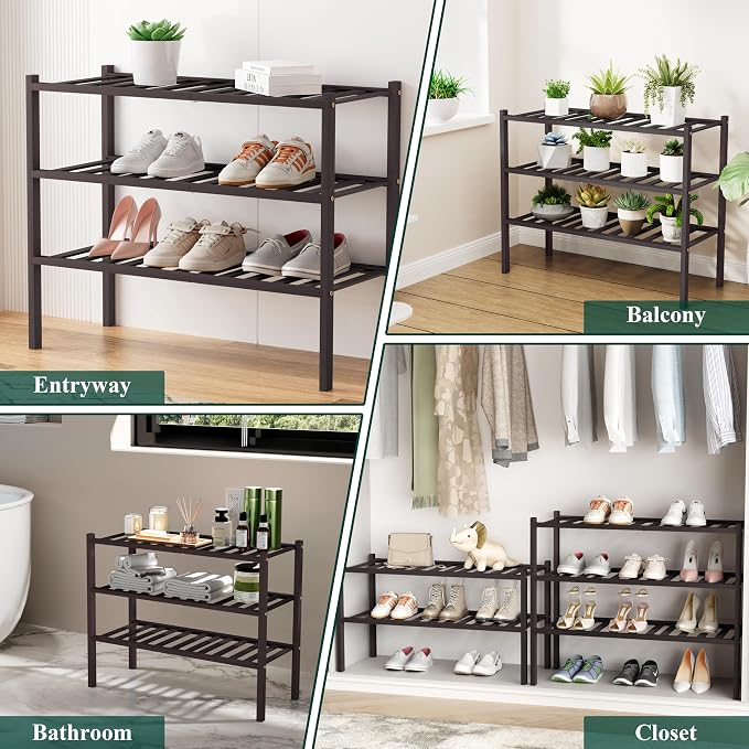 Smiry Small Bamboo Shoe Rack, 4 Tier Free Standing Wooden Shoe Organizer, Stackable Wood Shoe Storage Shelf for Closet, Entryway, 12 Vertical Slats, 2+2 Stack Standard Legs, 17.3"x11"x26", Brown