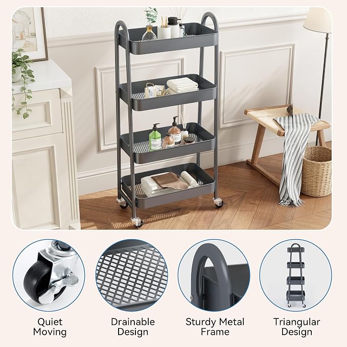 NEWBULIG 4-Tier Metal Rolling Storage Cart, Heavy Duty Mobile Utility Organizer Shelf with Lockable Wheels, Multifunctional Trolley for Daily Supplies, Home Indoor Daily Use, Grey