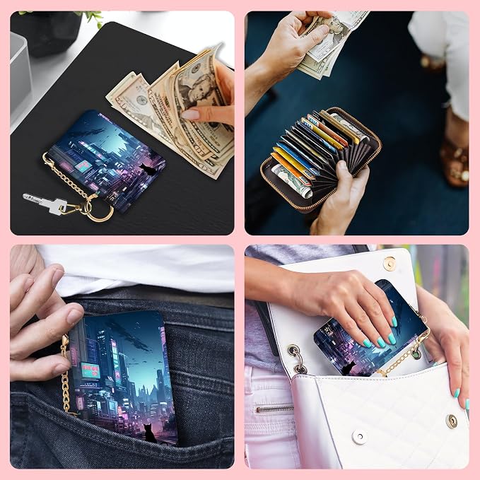 Blusabaca RFID Credit Card Holder Small Women Travel Wallet, Cyberpunk Art | Removable Keychain, Case with Zipper, Vegan PU Leather, Cash Coin Pocket, Business Accordion Purse, Ladies Female Gift