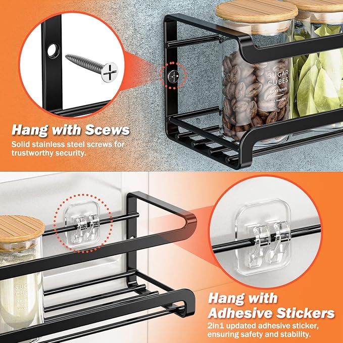 Bunoxea Spice Rack Wall Mounted 2 Pack, Black,11.41x2.75x2.75in | 2 Removalble Hooks,Screw or Adhesive Hanging,Space-Saving,For Kitchen Cabinet, Pantry Door,Stove,RV