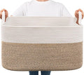 Goodpick Large Woven Blanket Basket, 21.6" x 14.9" x 11.8" Storage Baskets for Organizing, Rectangle Cotton Rope Toy Basket for Living Room, Bedroom, White & Brown