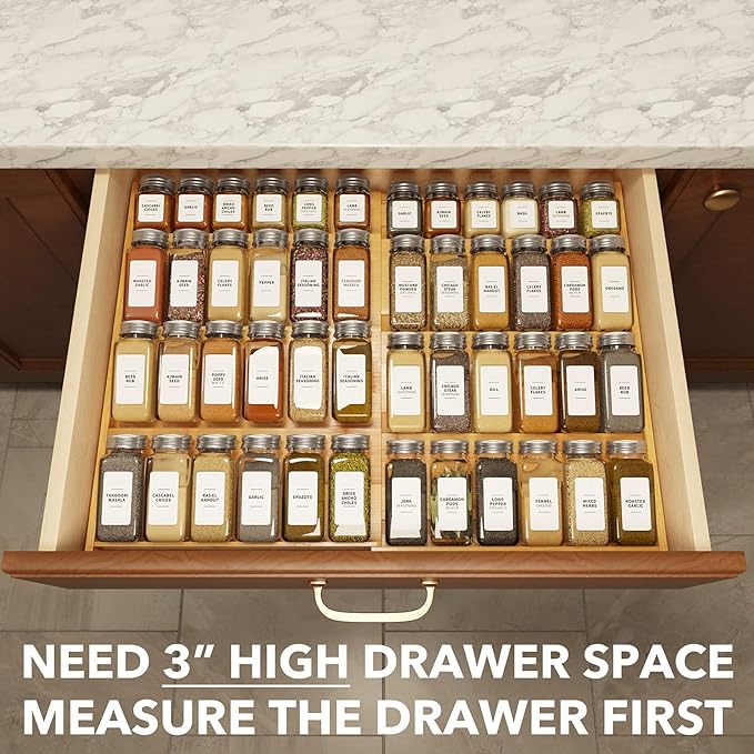 SpaceAid Bamboo Spice Drawer Organizer and Bamboo Drawer Dividers with Inserts and Labels, Kitchen Adjustable Drawer Organizers