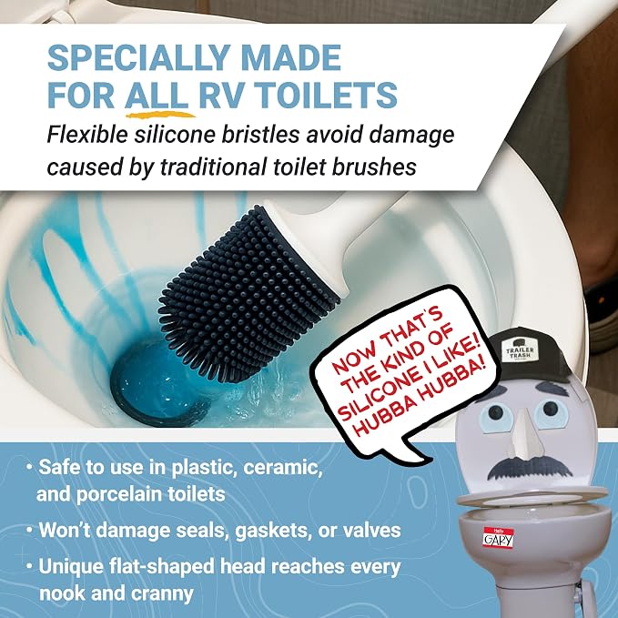 Unique Silicone RV Toilet Brush with Compact Holder | Non-scratch silicone bristles for RV toilet bowl cleaning; wall-mount no-drip holder saves camper bathroom space