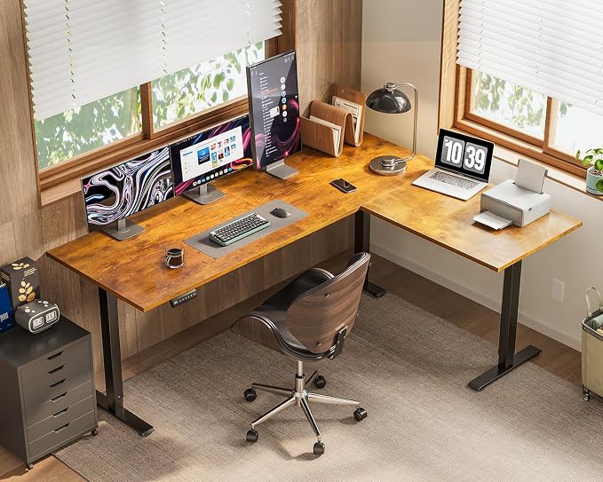 OffiGo 63 Inch Reversible L Shaped Electric Standing Desk, Rustic Brown | Large Corner Height Adjustable Stand Up Desk, 3 Memory Presets, Sit Stand Table, Reinforced Frame for Home Office Workstation