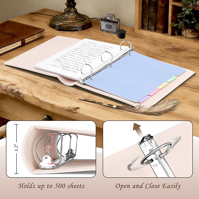 Ospelelf Leather 3 Ring Binder 2 Inch, Vintage D Ring Binder with Pockets and 5 Tab Dividers, Hardback Book Style Document Organizer Fits Letter Size for Home and Office White