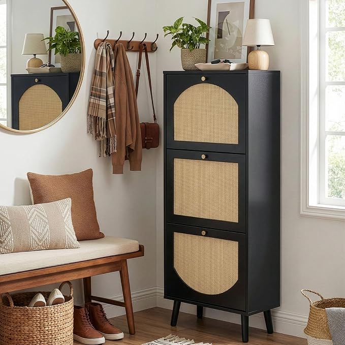 Karl home Black Rattan Shoe Cabinet, 3-Tilt-Out Entryway Storage Organizer | Hidden Shoe Rack with 3 Tilt-Out Compartments for Heels, Slippers and Casual Shoes, Space Saving Entryway Furniture