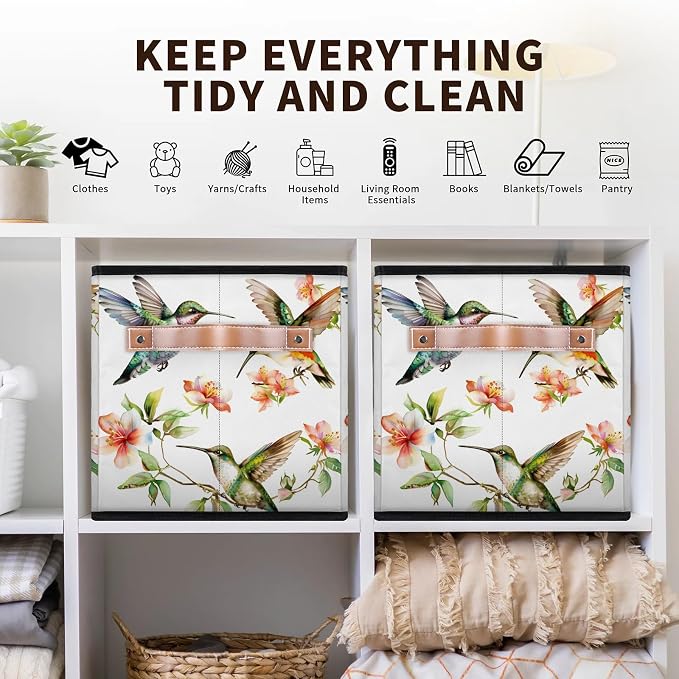 Hummingbird Closet Storage Bin, Foldable Storage Baskets for Shelves, Decorative Shelf Organizer Flower Bird Colourful Fabric Cube Bin for Living Room Bedroom Home Dorm