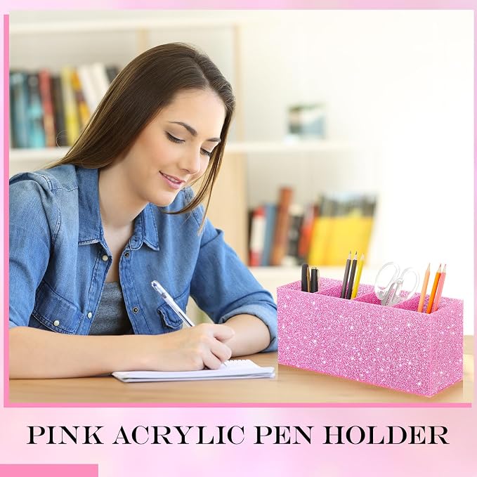 Jetec Acrylic Glitter Pink Pen Holder 4 Compartments Bling Makeup Brush Stationery Organizer Pencil Holder for Desk Accessories Sparkly Gifts for Women Back to School Birthday Desktop Workplace Office