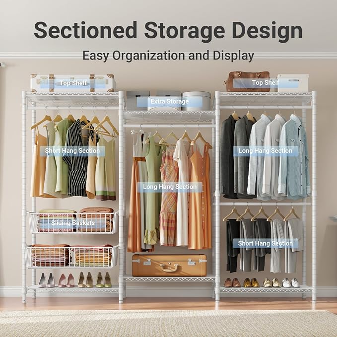 VIPEK V10 Wire Garment Rack 5-Tiers Heavy Duty Clothes Rack Large Size Clothing Rack with 4 Hanging Rods, 6 Wire Shelves and 2 Slid Baskets, 68.9" W x 15.7" D x 76.4" H, Max Load 920 LBS, White