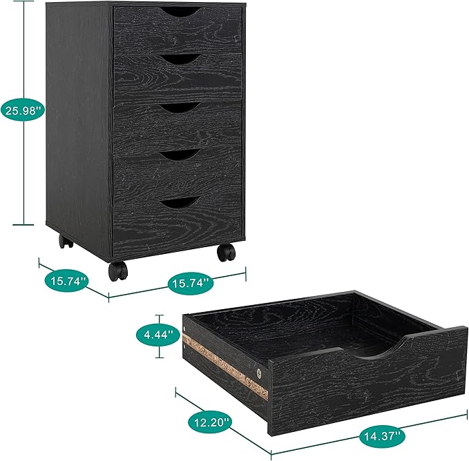 Naomi Home 5-Drawer Rolling Chest, Distressed Black, Smart Storage with Metal Slide Glides & Smooth Wheels, Compact Space-Saver, Easy Assembly, Durable Engineered Wood