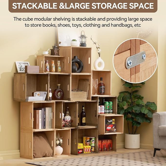 KIRIGEN Stackable Wood Storage Cube with Handles, Open Cubby Bin, Natural | Open-Front Wooden Crate Box for Books, Clothes, Shoes, Closet Storage, and Display for Home Office, Assembly Required