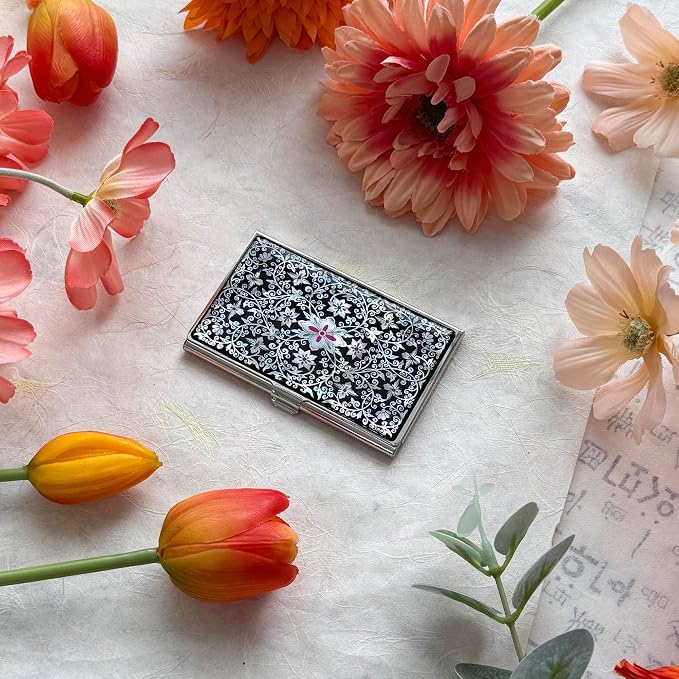 Mother of Pearl Business Card Case Credit Id Name Holder Travel Wallet Art Painting Design Metal Stainless Steel Engraved Slim Purse Pocket Cash Money Wallet (New Arabesque)