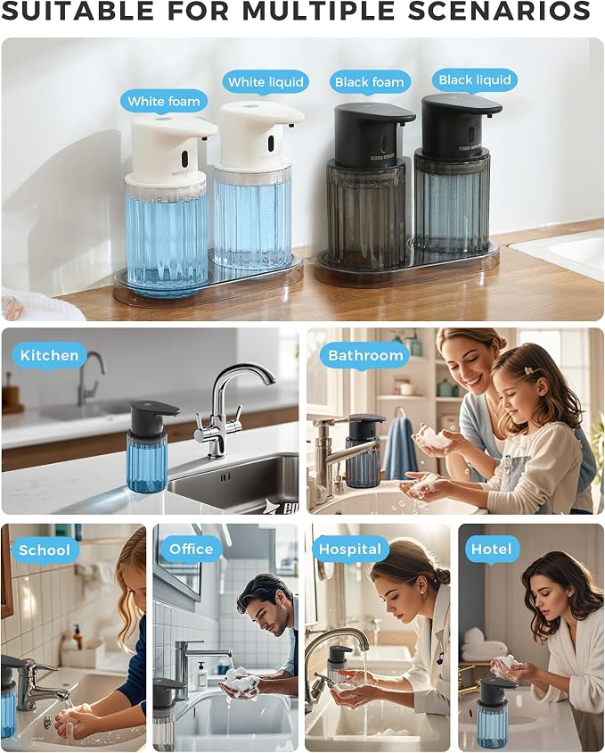 Automatic Foaming Soap Dispenser Touchless, USB Rechargeable Soap Dispenser | Adjustable Foam Levels, 10oz/300mL Hands Free Sensor, Waterproof, Wall Mounted or Countertop for Bathroom & Kitchen