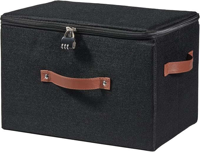 Storage Bins Boxes with Zipper Lid Combination Lock PU Leather Handles Cotton Linen Fabric Lidded Lockable Baskets Foldable Washable Closet Shelf Organizer Container (Black, Large)