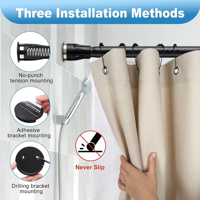 Tension Curtain Rod, 42 to 100 inch Adjustable Heavy Duty black shower curtain rod for bathroom Closet Windows