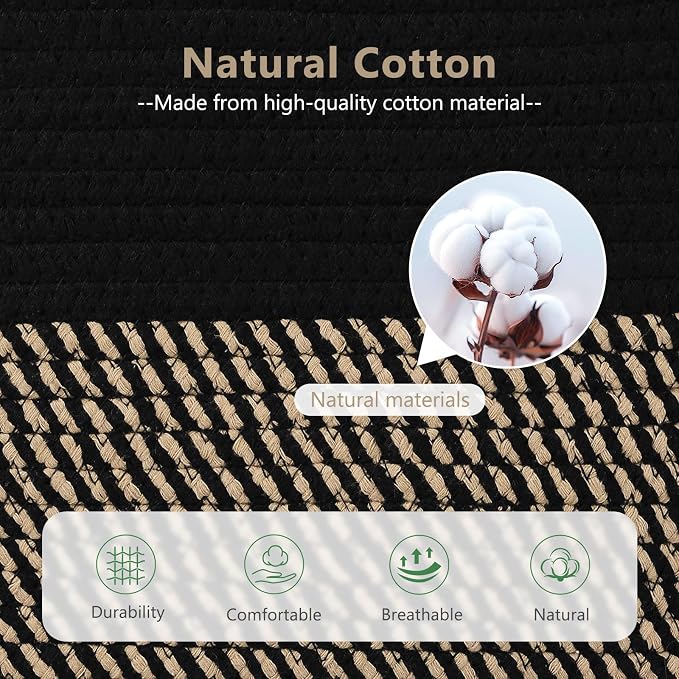 ECDYQXVU 15x10x9 Woven Cotton Rope Storage Basket, Leather Handles 2 Pack | Foldable Design, Sturdy PU Handles, Easy to Clean Organizer for Living Room, Closet, Shelves, Bedroom, Laundry, Clothes