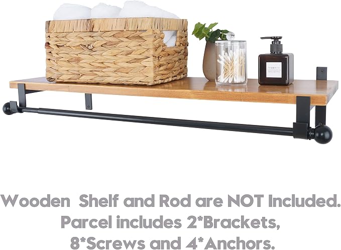 AddGrace Closet Rod Bracket Heavy Duty Shelf Brackets Black 8 Inch 2 Pack | Fit for Closet Wardrobe Laundry Room and Kitchen, with Hook, Store Above and Hang Below, Supports 66 lbs, Easy to Install
