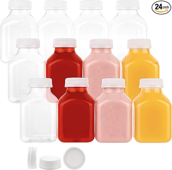 Disposable Plastic Juice Bottles-8 Oz with Lids | 24 Pack | for Water, Orange Apple Lemon Juicing, Smoothies, Milk, Reusable, BPA Free, Tamper-Proof Caps, Catering, Takeout