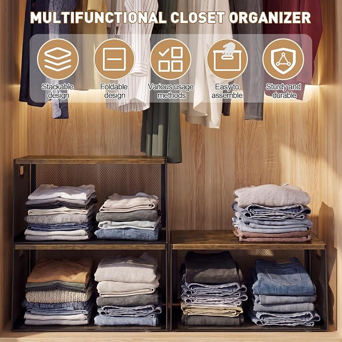 AceOrbit 3 Pcs Widened Stackable Closet Organizers and Storage with Wood Foldable Top Metal Cube Closet Shelf DIY Space Saving Linen Cloth Shoe Bed Sheet Bin for Wardrobe Bedroom(15.6"x12"x8.7", deep)