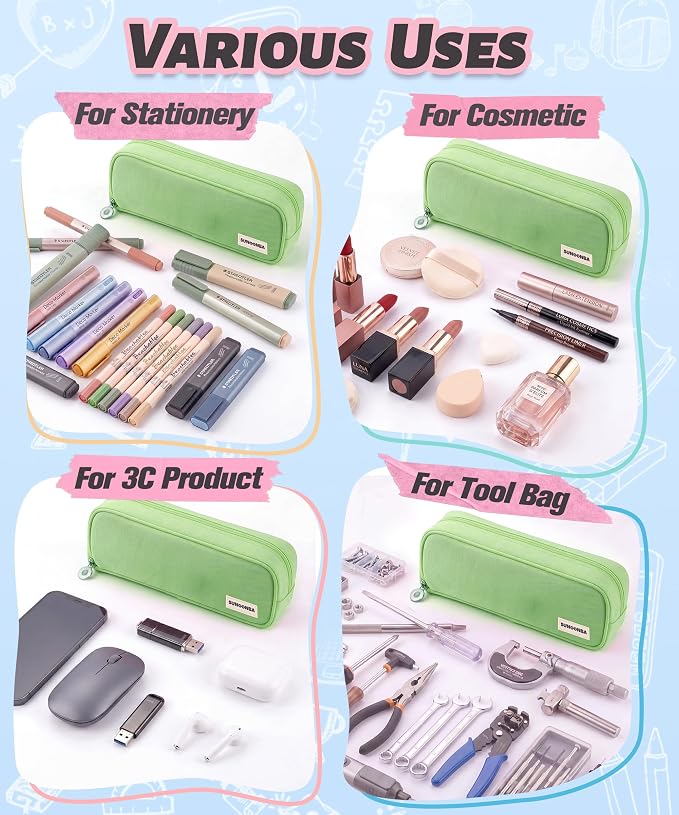 FAHZON Cute Pencil Case, 3 Large Compartments Pencil Pouch, Elastic Pen Slots&Mesh Pockets for Stationery, Pencil Bag for School Supplies with Zipper for Girls Boy Women Teens Adults-Green