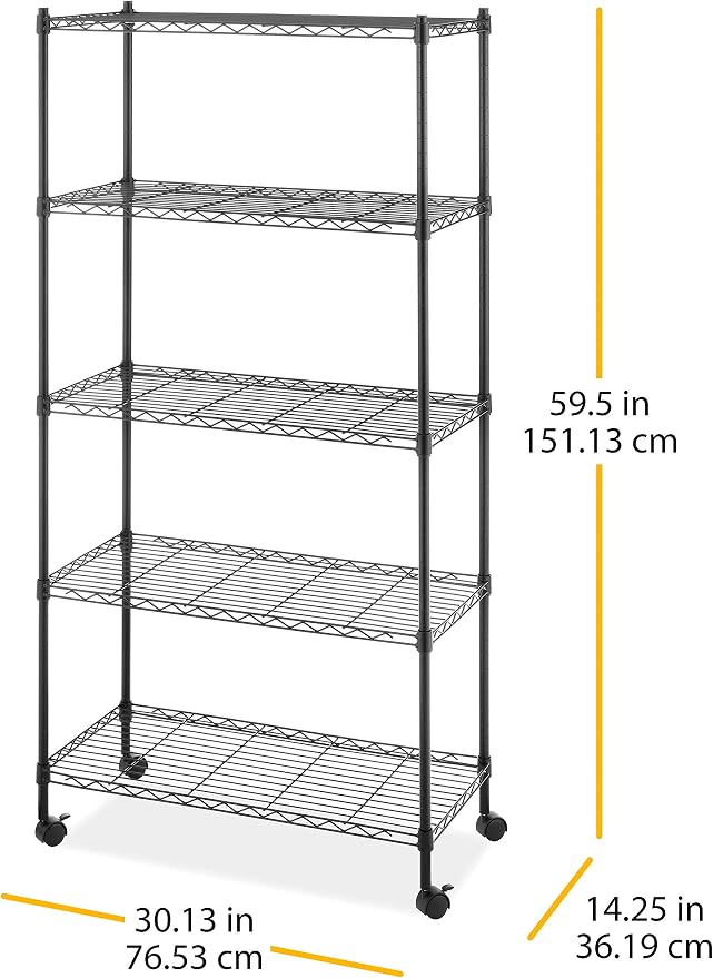 Whitmor 5 Tier Supreme Shelving Unit, Metal Storage Shelves, Adjustable Heavy Duty Shelf with Wheels, 400 lbs Capacity per Shelf, 2000 lbs Total for Pantry, Garage, Kitchen, Black