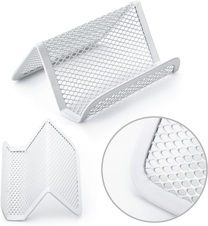 Mr. Pen- Metal Mesh Business Card Holders, 3 Pack, White | Durable Stainless Steel Card Stand for Desk, Office, and Business Use, Straight, Flat and Smooth Design
