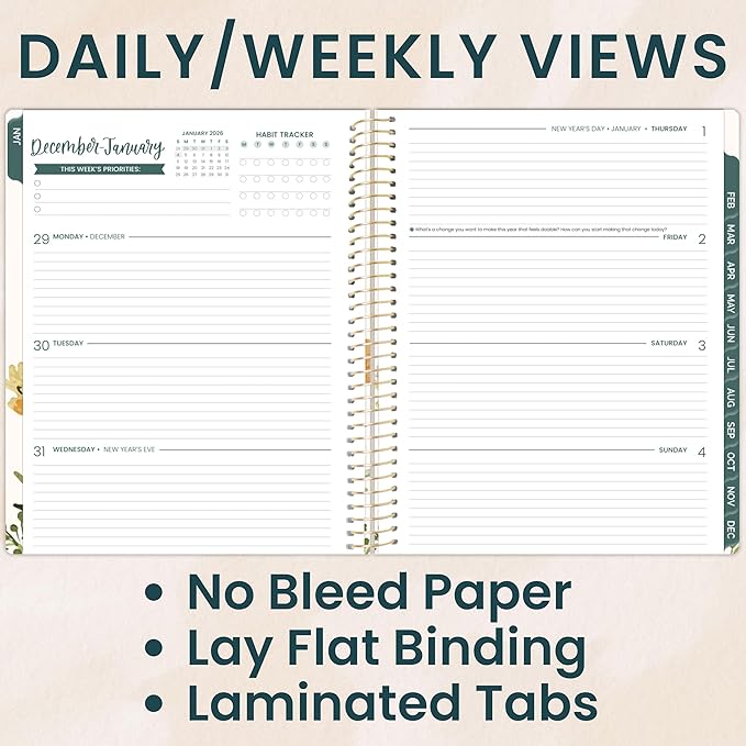 bloom daily planners 2026 Planner (January to December) - 8.5” x 11” Weekly & Monthly Dated Agenda Organizer Book with Stickers & Tabs - Flexible Soft Cover - Beige Bouquet