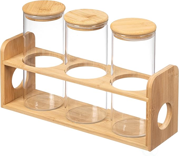 Basicwise 3 Pcs 30oz Glass Jars with Bamboo Shelf for Storing Ground Coffee, Sugar, Beans and Grains, Airtight Canisters for Nuts, Pasta, Flour and Tea Bags - Ideal for Kitchen and Pantry Organization