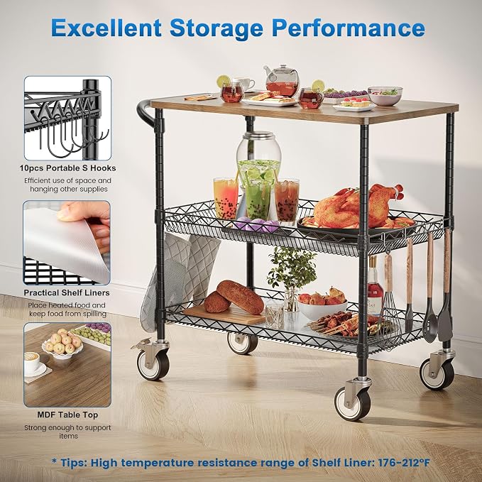 Rolling Kitchen Carts with Wheels, 3-Tier Utility Cart with Wood Tabletop | NSF Commercial Metal Serving Cart with Handle and Shelf Liner for Kitchen Snacks,34"D x 17.5"W x 32.5"H,Black