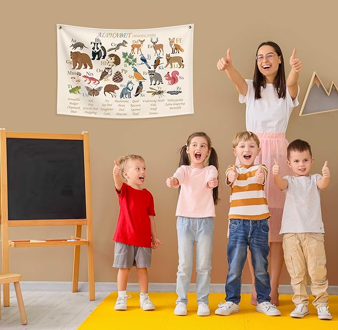 Classroom Wall Flag Decor-Teacher Gift-Inspirational Back to School Wall Banner Decor-Woodland Alphabet-Hanging Rectangular Canvas Banner for Classroom Teacher Office Reading Corner