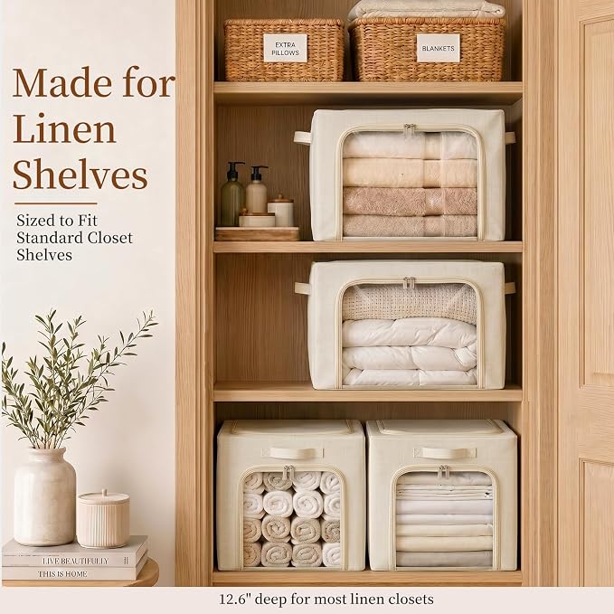 GoMaihe 3 Opening Clothes Storage Bins with Metal Frame, 40L Sweater Storage Organizer for Upper Shelf Closet Storage Boxes with Clear Window for Hoodies Jeans Towel 3-Pack Beige