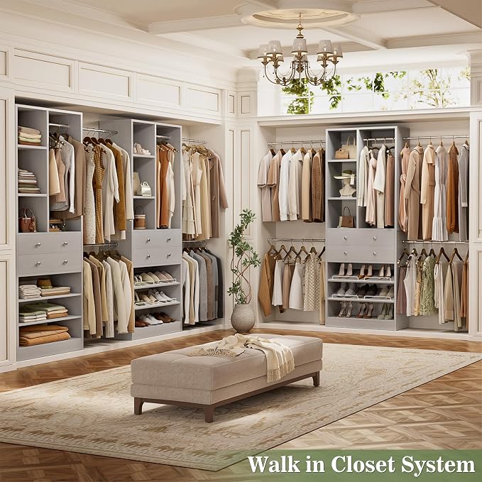 Besiost Closet System, 4.2–8.8 FT Closet Organizer with 2 Wooden Drawers and Shelves, Walk-in Closet System with 5 Hang Rods, Built-in Closet Tower, Can Fit 60 to 96 inch, Morandi Grey