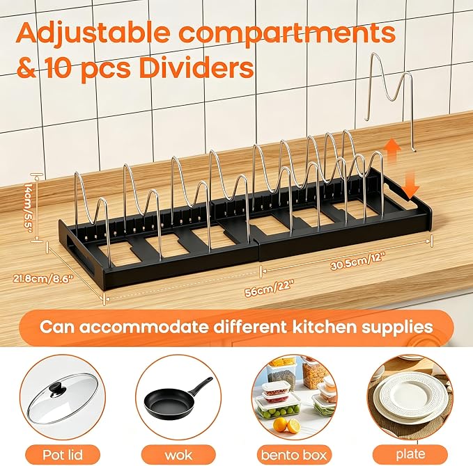 Nigelia 2 Pack Pots and Pans Organizer for Under Cabinet, 22" Expandable Food Storage Container Lid Organizers with 10 Adjustable Dividers Pot Lid Holders Rack Inside Cabinet&Kitchen Countertop(Black)