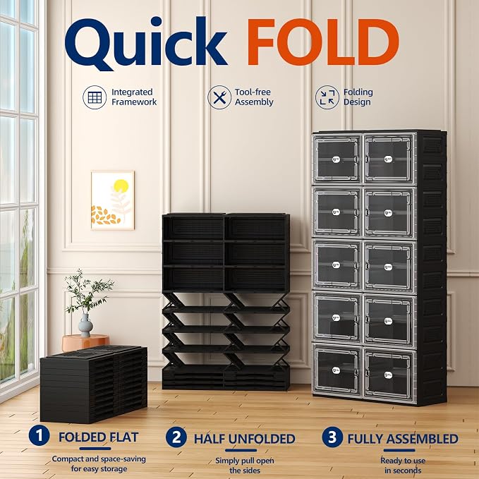 16 Pairs Foldable Shoe Rack Storage Cabinet with Heavy-Duty Design (Vertical 300 lbs), Tool-Free 4-Step Quick Installation, Wide-Slot Shoe Cabinet for Entryway/Living Room/Garage
