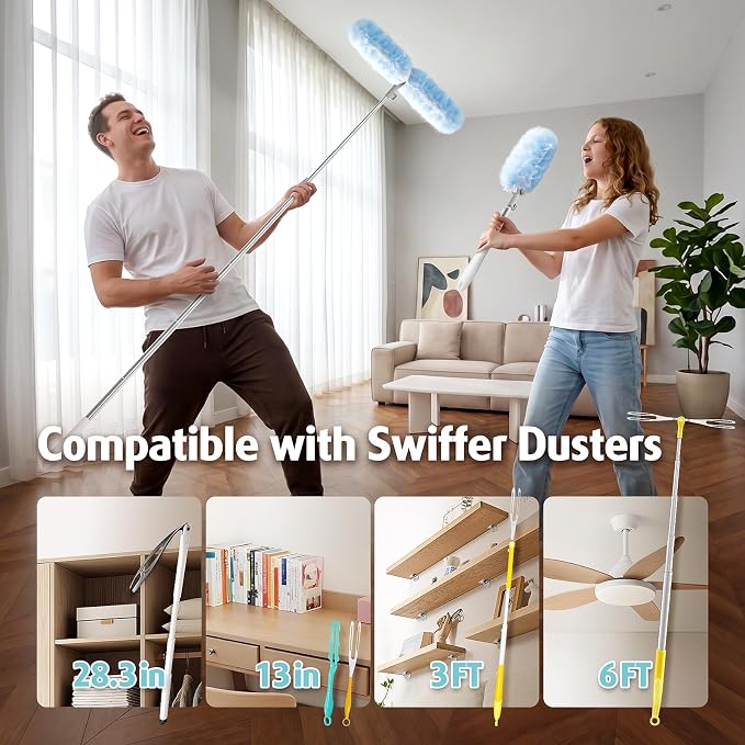 6ft Extendable Duster Handle with 40 Refills, Compatible with Swiffer Duster, Disposable Microfiber Dusting Pads for Home Cleaning, Ceiling, Fan, Window, Hard-to-Reach Areas
