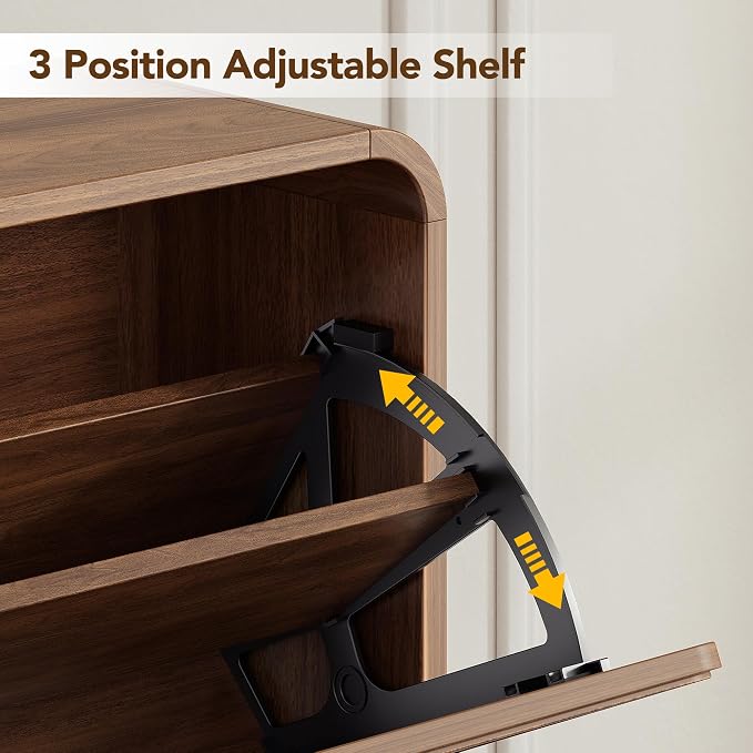 Decofy Shoe Cabinet with 2 Flip Drawers, Expanded Panel for Long Footwear, Freestanding Shoe Storage Cabinet with 3-Gear Adjustable Shelves, Narrow Shoe Cabinets for Entryway, Solid Wood Legs, Walnut
