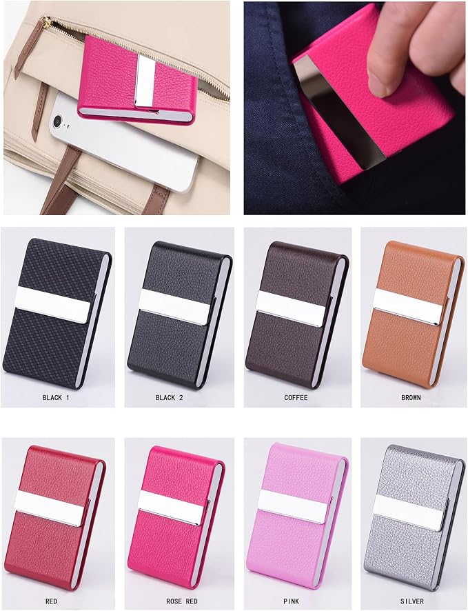 Business Card Holder with Ultra Slim Design,Business Card Case with Premium PU Leather, Suit Pocket Metal Card Holder for Women/Men,Professional Name Card Holder with Magnetic Shut(Rose Red)