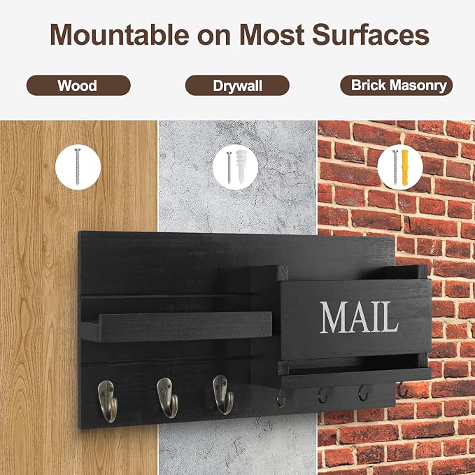 Lwenki Mail Organizer for Wall Mount – Key Holder with Shelf Includes Letter Holder and Hooks for Hallway Farmhouse Decor – Rustic Wood with Flush Mounting Hardware (16.5” x 9.1” x 3.4”) (Black)