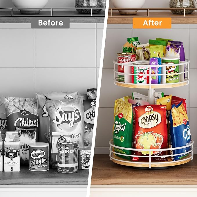 Snack Organizer 2 Tier Lazy Susan Storage Holder, White | Adjustable Height, 360° Rotation, For Countertop Office Home Breakroom