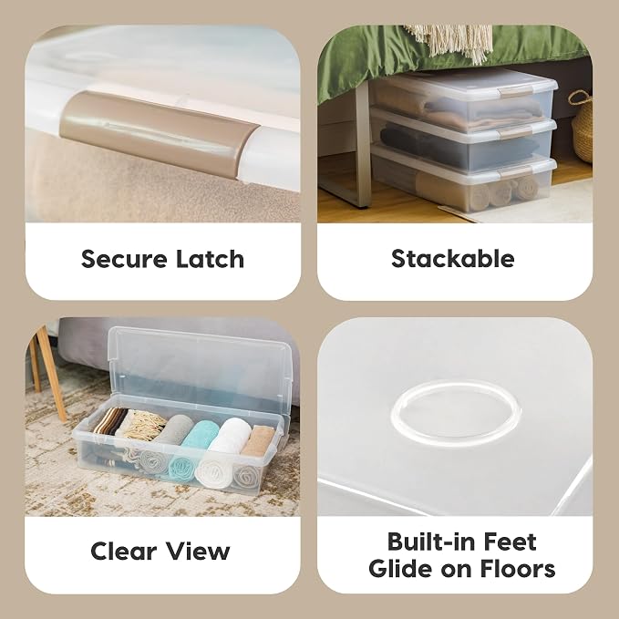 IRIS USA 40 Qt. Under Bed Storage Bin with Lids, Gray/Clear | Stores clothing, shoes, bedding, and seasonal items with secure protection under beds
