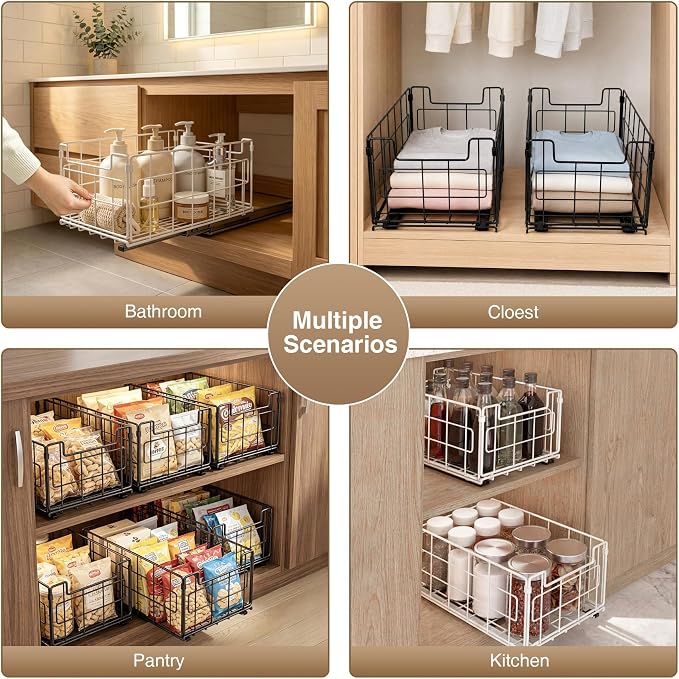 Pull Out Cabinet Sliding Basket Organizer, No Drill, Black | Heavy Duty Slide Out Drawer for Kitchen Cabinet, Adhesive Sliding Shelves for Kitchen Bathroom Home, 13.8"D x 8.5"W x 6.3"H