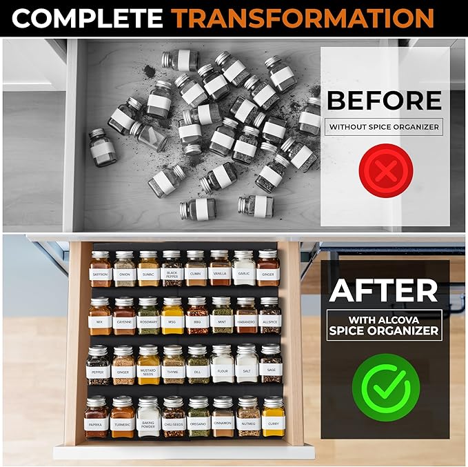 ALCOVA Expandable Spice Drawer Organizer 9-18" Black (Jars Not Included) | Expandable Spice Drawer Organizer, Spice Rack, Seasoning Organizer