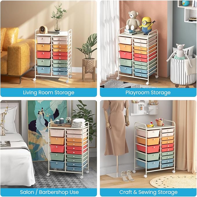 BECOMFORT 15-Drawer Rolling Cart with Drawers, Storage Cart on Wheels, Teacher Classroom Organizers with Metal Frame, Mobile Craft Cart for Tools, Trolley Utility Cart for School Office Play Room