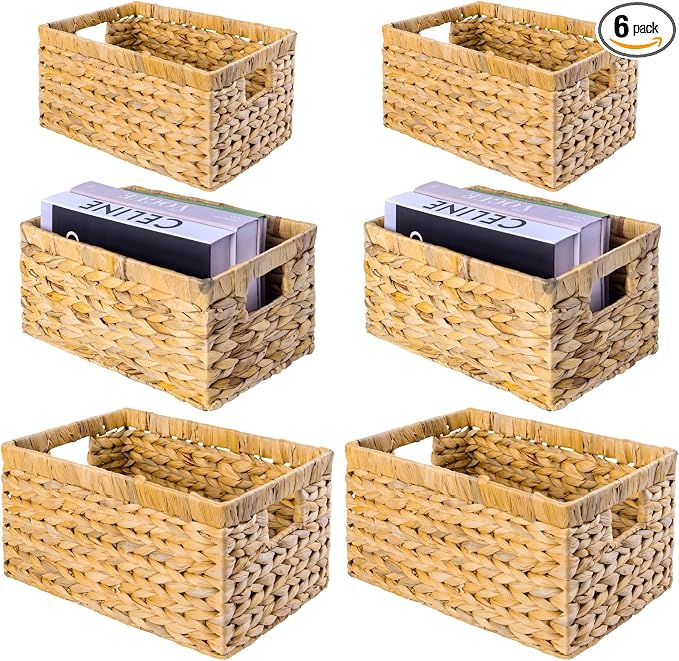 M4DECOR Set of 6 Water Hyacinth Storage Baskets – Wicker Storage Baskets for Shelves, Pantry Baskets for Organizing, Handwoven Wicker Baskets for Storage (Combo 2 Sets SML)