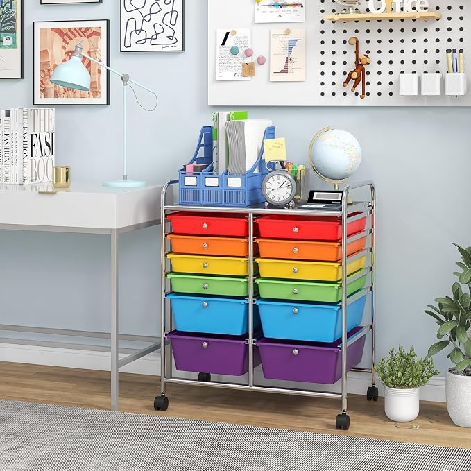 BECOMFORT 12-Drawer Rolling Cart with Drawers, Storage Cart on Wheels, Teacher Classroom Organizers with Metal Frame, Mobile Craft Cart, Trolley Utility Cart for School Office Play Room