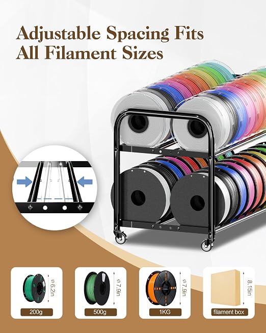 2 Tier Rolling Filament Rack, Holds 40+ 3D Spools, Under Desk Storage | Adjustable for 250g-1KG Spools, 360° Smooth Wheels, Compact 16.5" Wide, Tool-free Assembly. Perfect for 3d Farms Studios