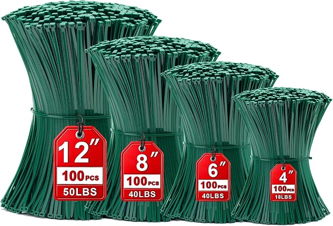 Zip Ties Assorted Sizes(4”+6”+8”+12”), 400 Pack, Green Cable Ties,Multi-Purpose Self-Locking Nylon Cable Cord Management,Plastic Wire Ties for indoor and outdoor use.